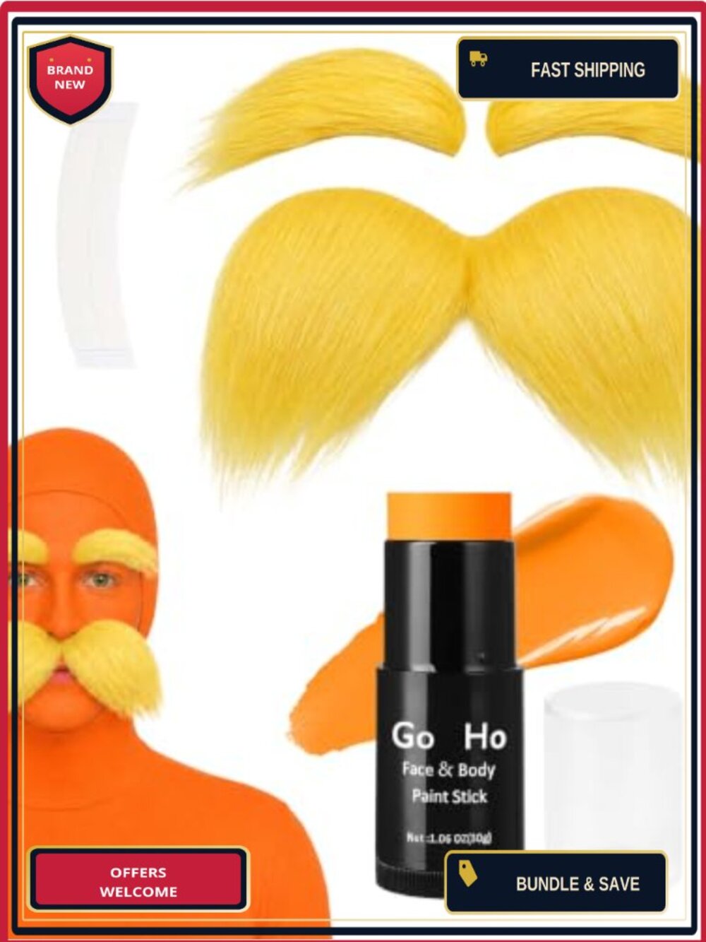 Halloween Makeup Set Orange Face Paint Stick Yellow Fake Mustache Eyebrows